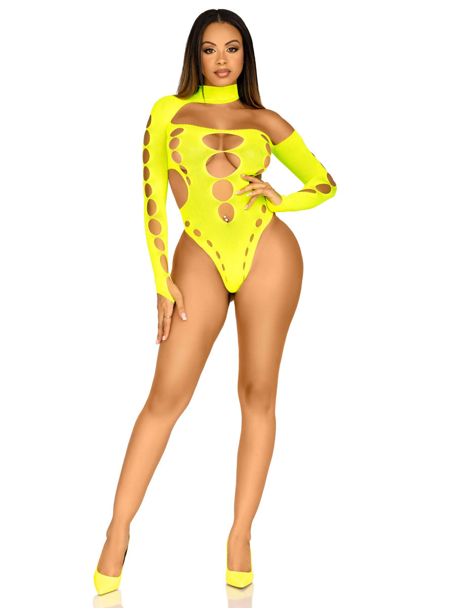 Asymmetrical Cut Out Sexy Neon Yellow Bodysuit