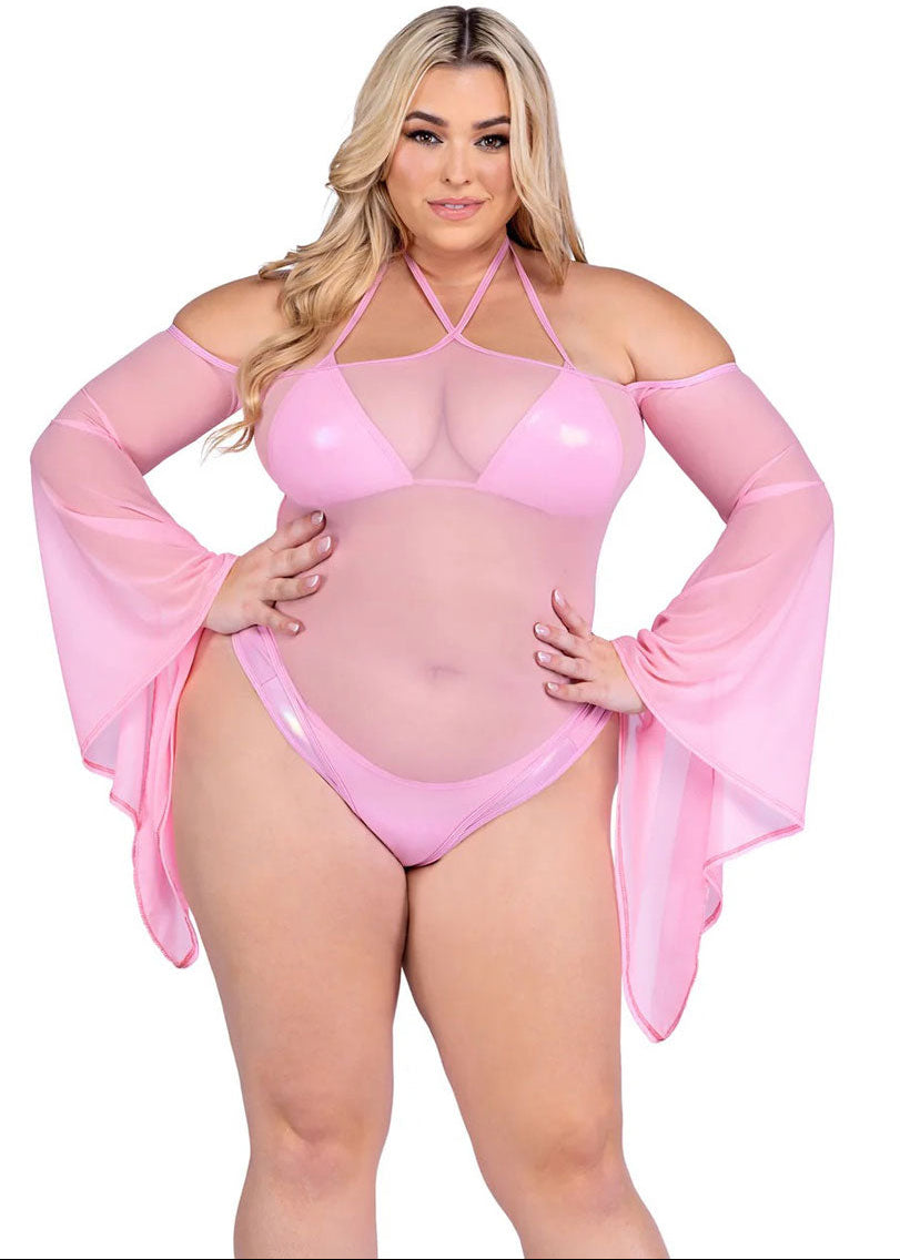 Bell Sleeve Plus Size Baby Pink Mesh Romper