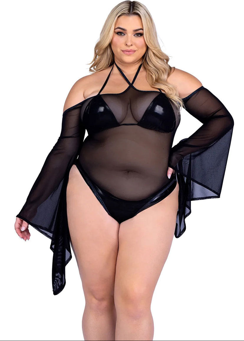 Bell Sleeve Plus Size Black Mesh Romper