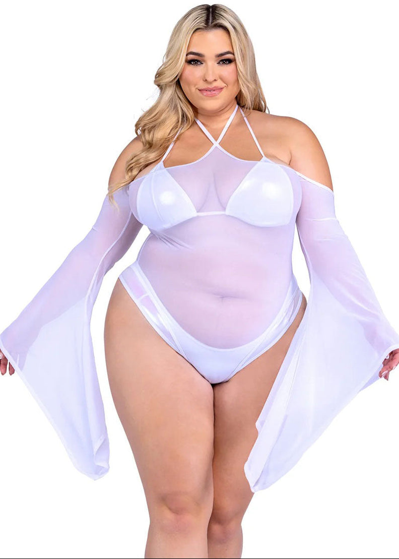 Bell Sleeve Plus Size White Mesh Romper