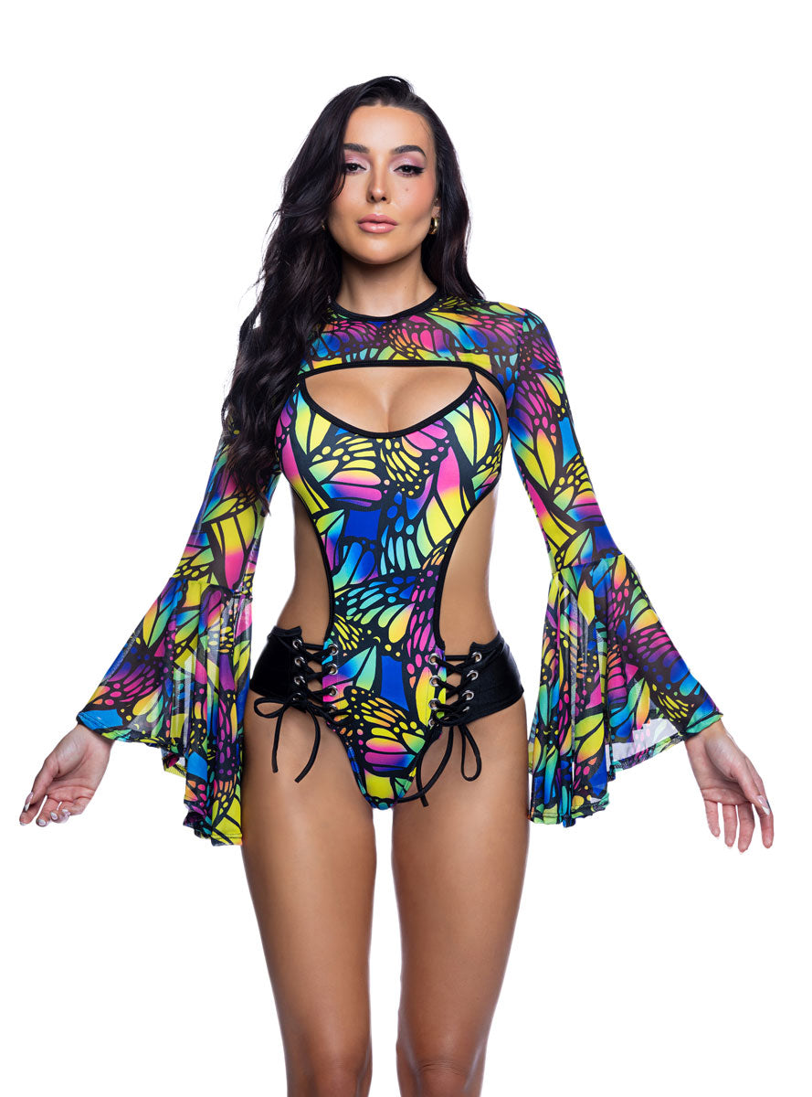 Butterfly Print Black Mesh Bell Sleeve Shrug