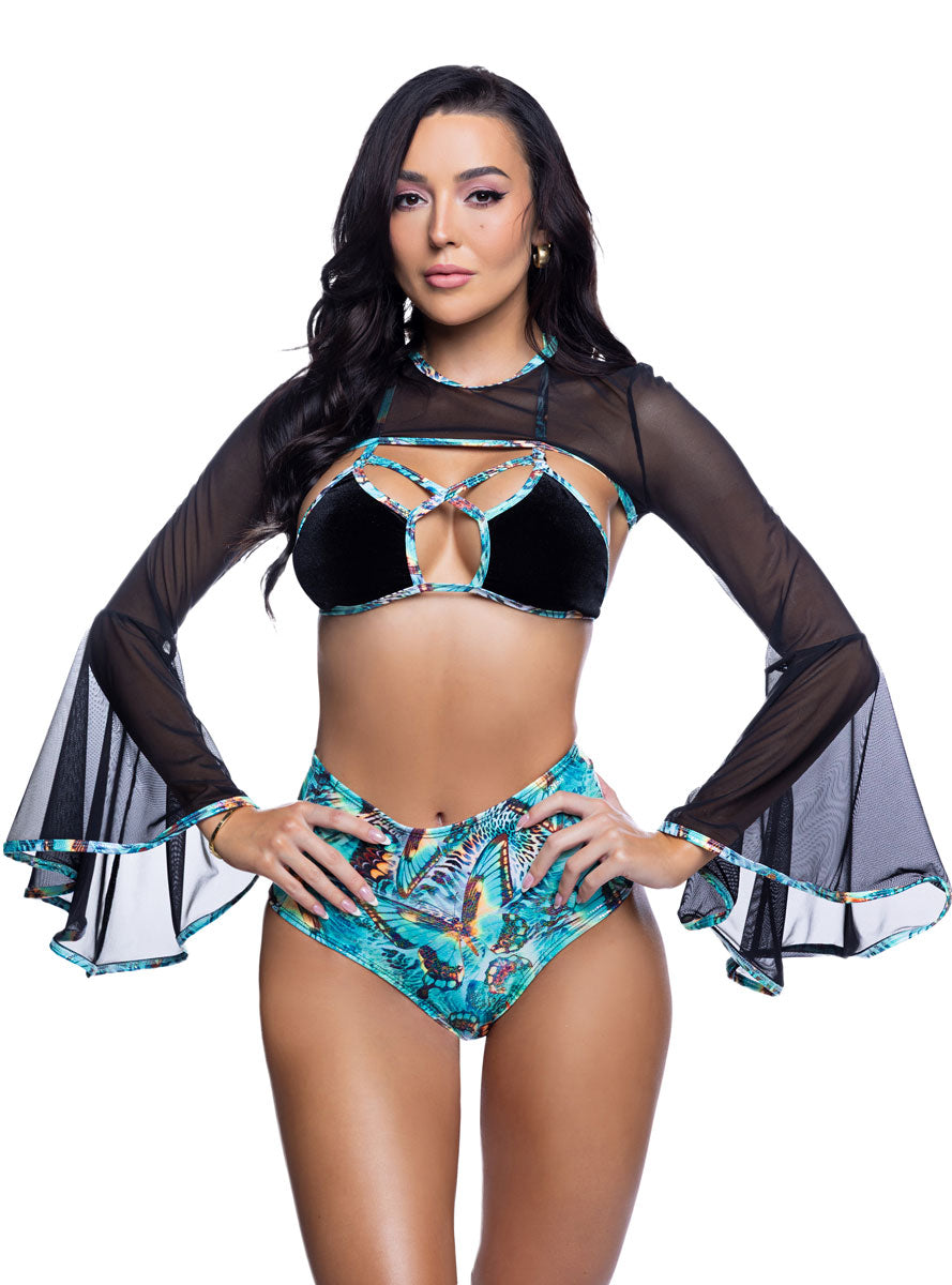 Teal and Black Mesh Bell Sleeve Festival Shrug