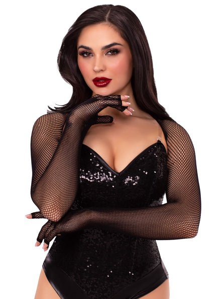 Fingerless Black Fishnet Gloved Shrug