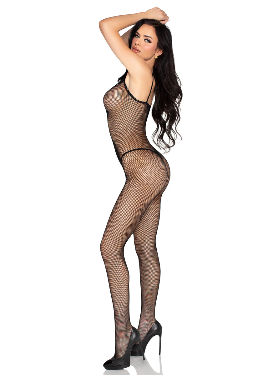 Scallop Trim Black Fishnet Full Length Bodysuit
