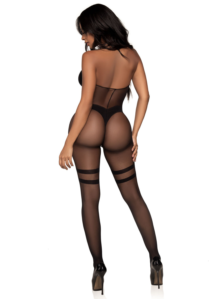 Sheer and Opaque Black Halter Full Length Bodysuit