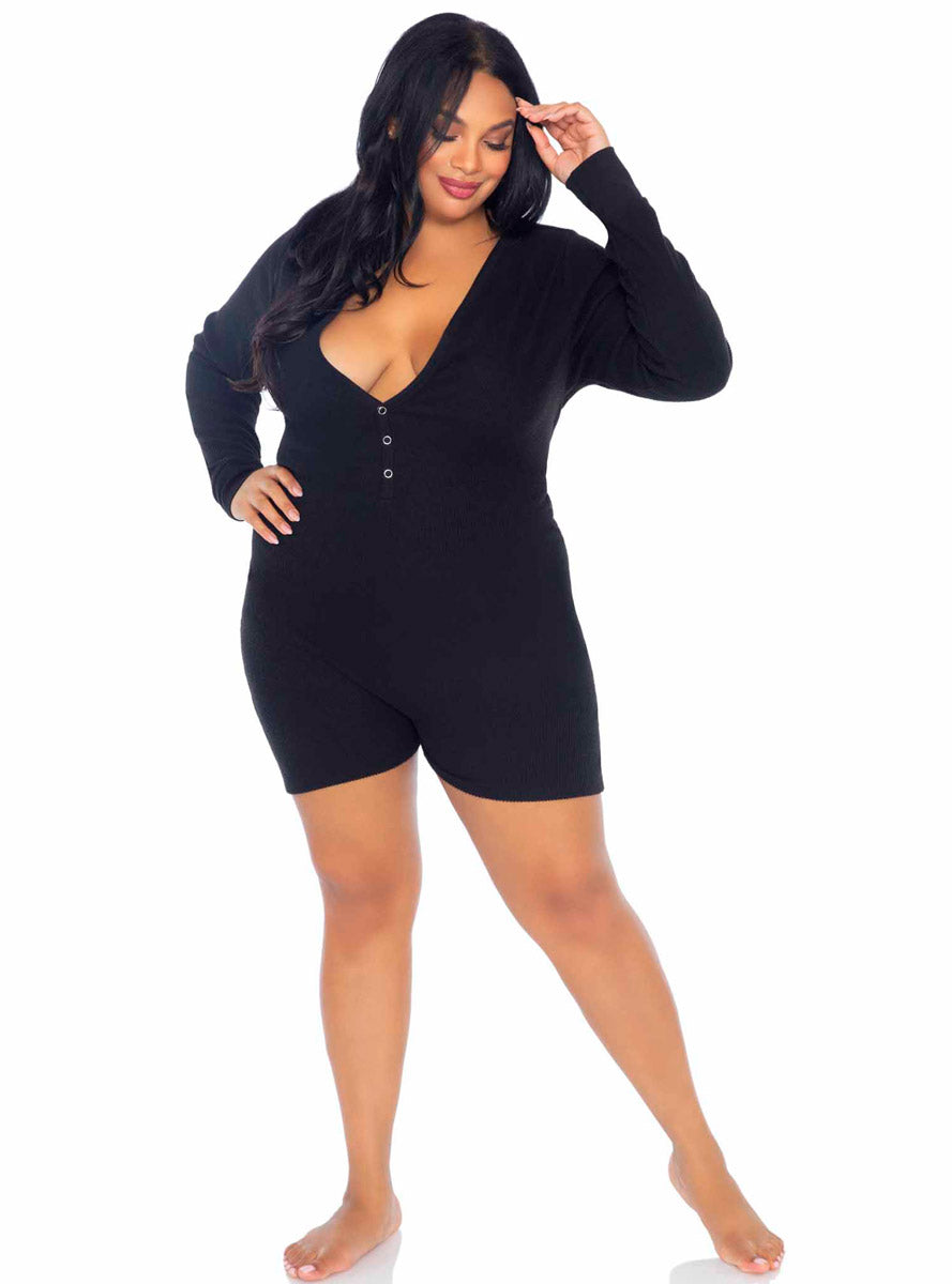 Brushed Rib Plus Size Black Long Sleeve Romper