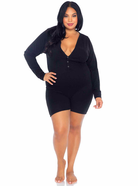 Brushed Rib Plus Size Black Long Sleeve Romper