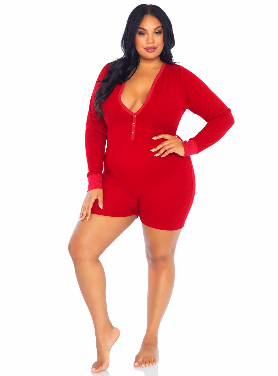 Brushed Rib Plus Size Red Long Sleeve Romper
