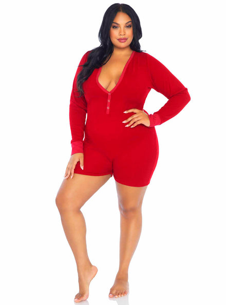 Brushed Rib Plus Size Red Long Sleeve Romper