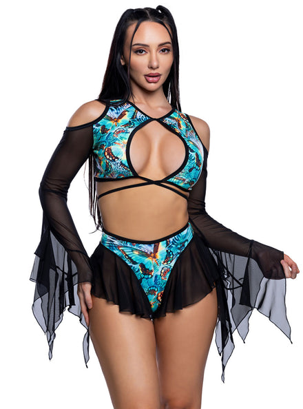 Butterfly Flow Teal and Black Mesh Flutter Rave Shorts