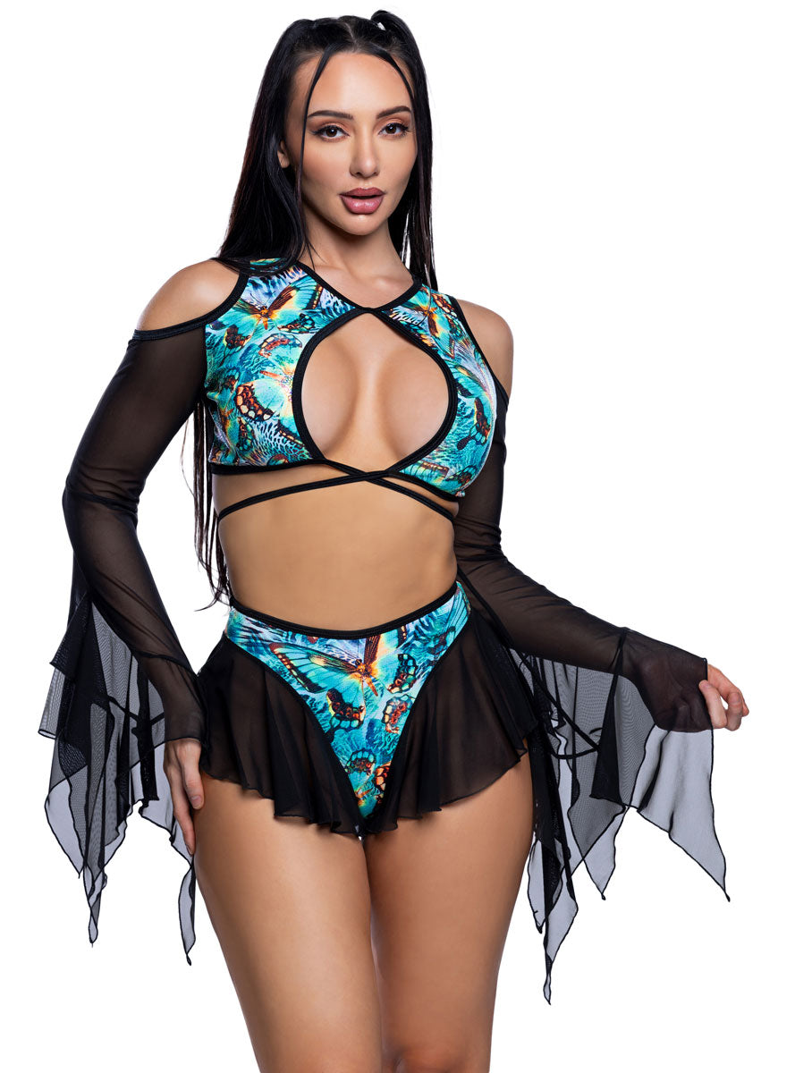 Butterfly Flow Teal and Black Mesh Flutter Rave Top