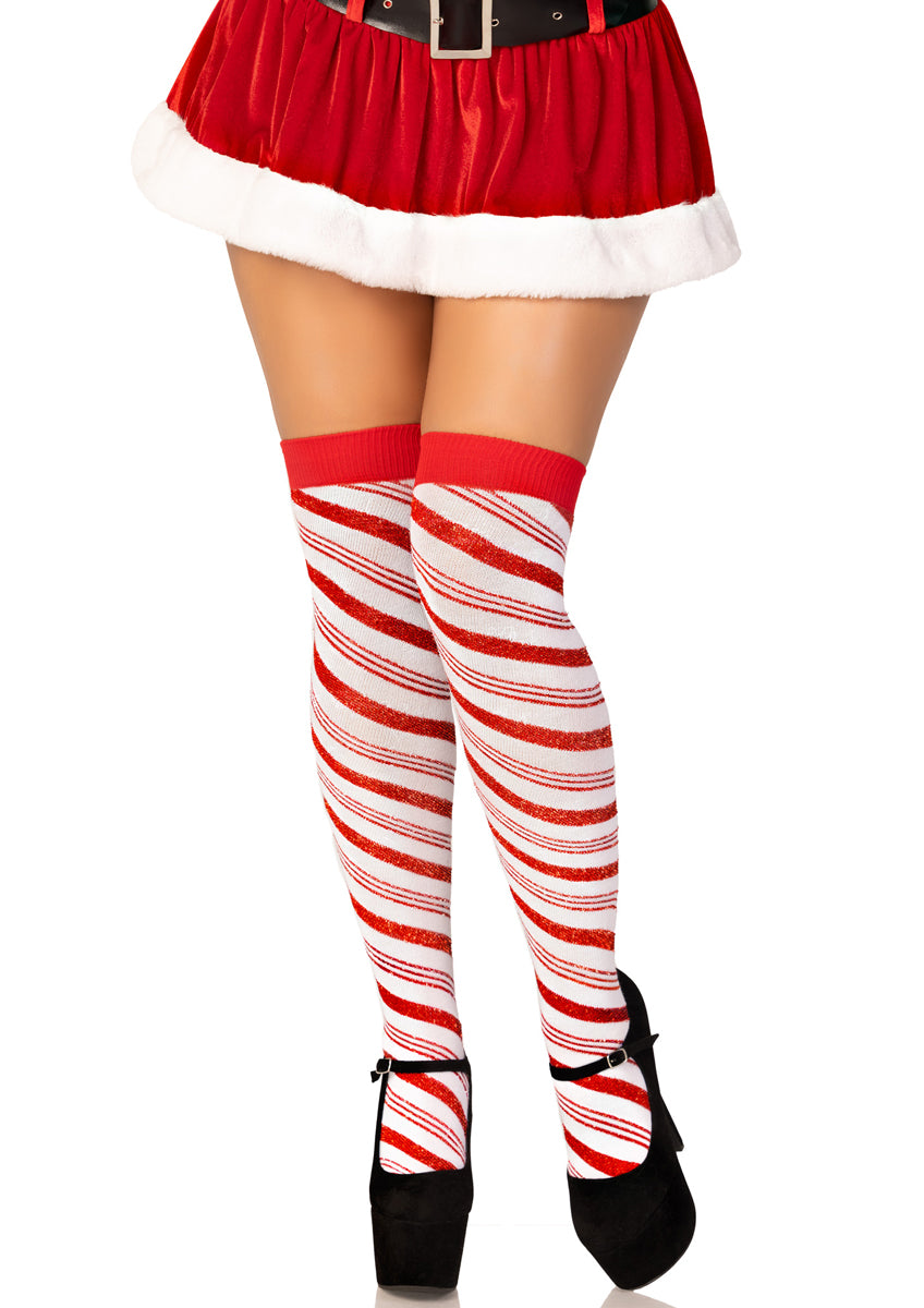 Womens Metallic Red And White Striped Candy Cane Over The Knee Christmas Socks Main Image