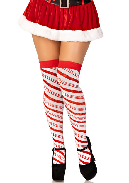 Womens Metallic Red And White Striped Candy Cane Over The Knee Christmas Socks Main Image