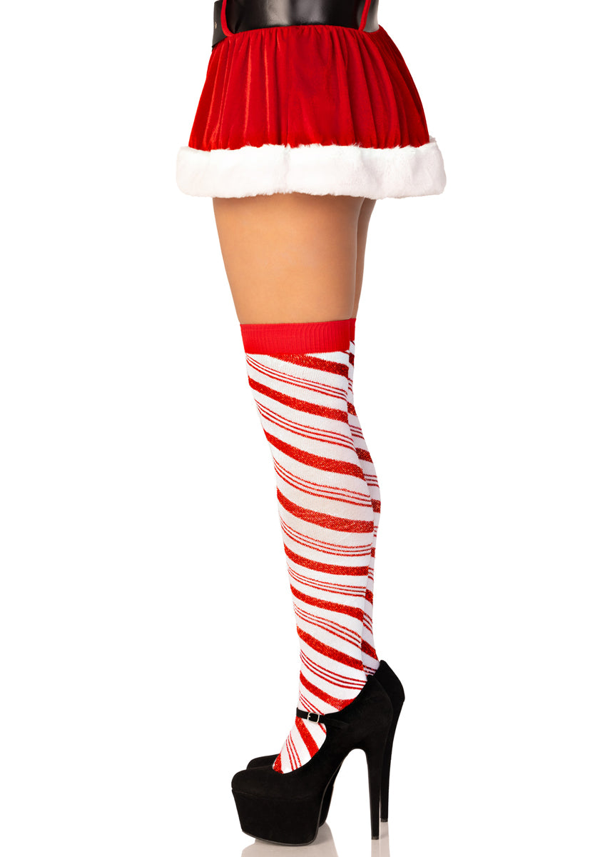 Womens Metallic Red And White Striped Candy Cane Over The Knee Christmas Socks Side Image