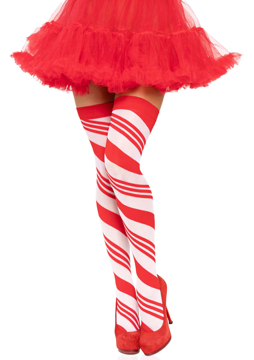 Womens Red And White Striped Candy Cane Christmas Thigh High Stockings Alternative Image
