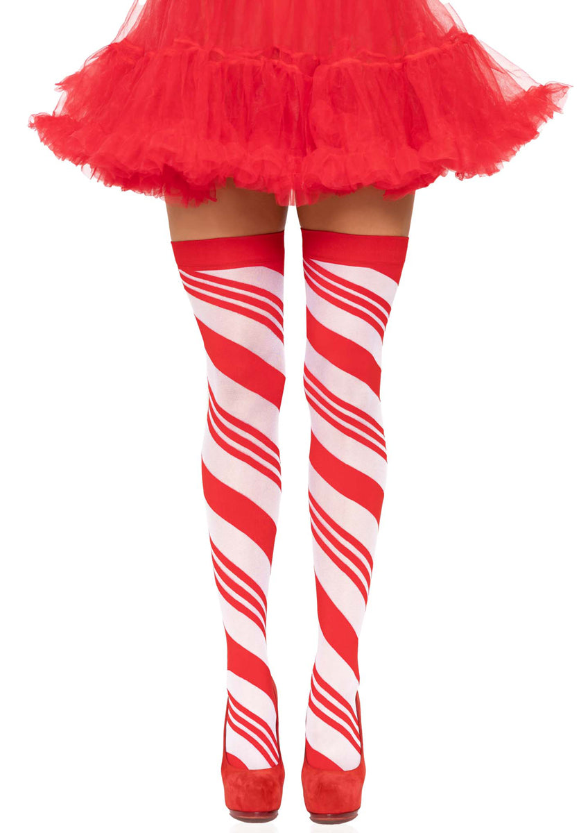 Womens Red And White Striped Candy Cane Christmas Thigh High Stockings Main Image