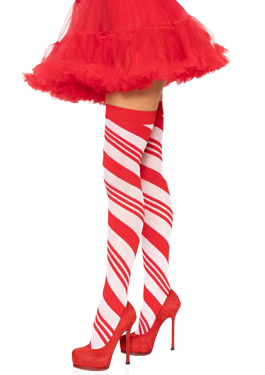 Womens Red And White Striped Candy Cane Christmas Thigh High Stockings Side Image