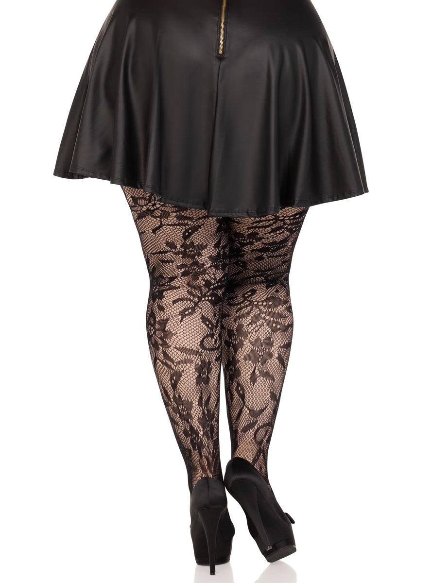 Plus Size Womens Black Chantilly Floral Lace Seamless Tights Back Image