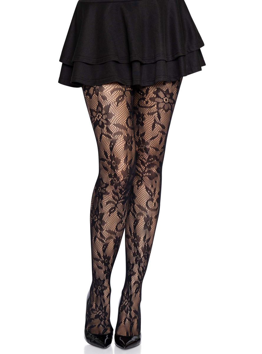Womens Black Chantilly Floral Lace Seamless Tights Alternative Image