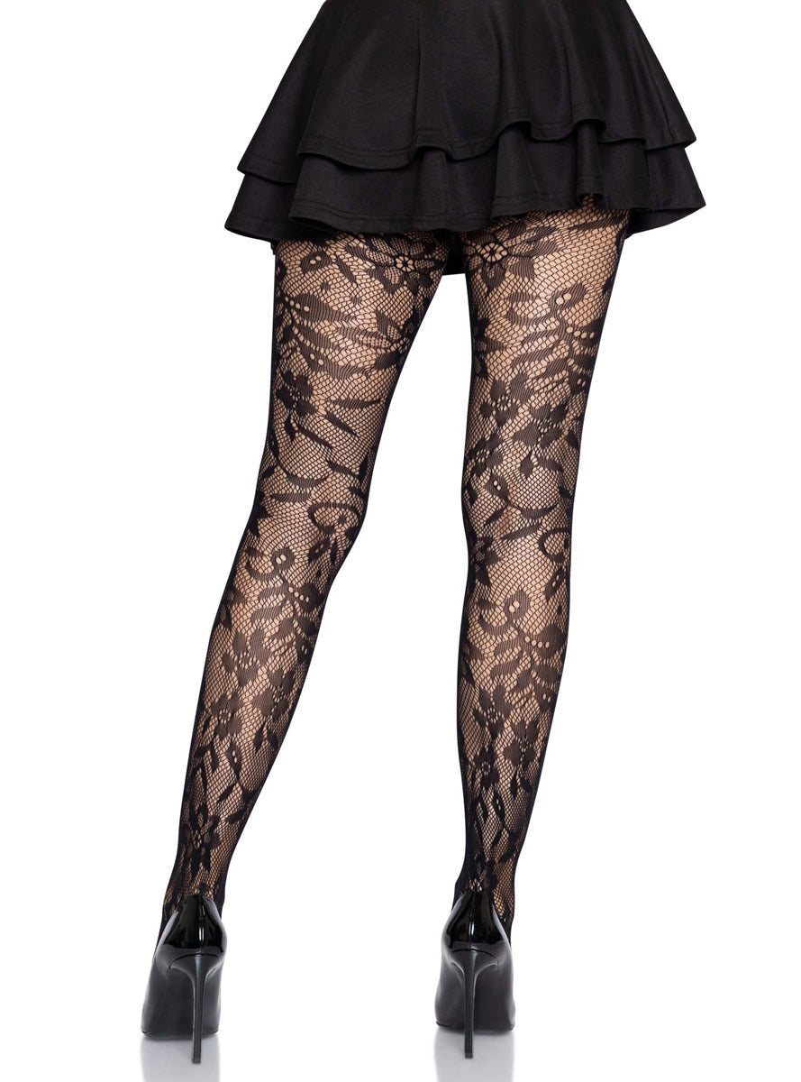 Womens Black Chantilly Floral Lace Seamless Tights Back Image