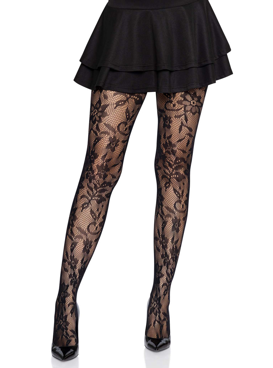 Womens Black Chantilly Floral Lace Seamless Tights Main Image