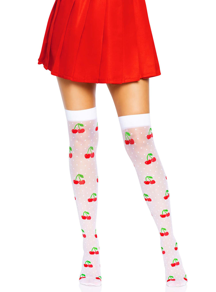Womens White Sheer Spandex Cherry Pattern Thigh High Stockings Alternative Image
