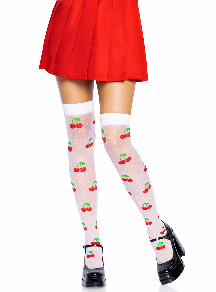 Womens White Sheer Spandex Cherry Pattern Thigh High Stockings Main Image