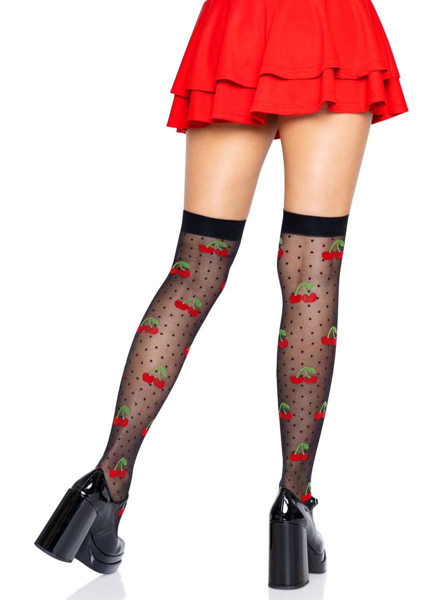 Womens Black Sheer Spandex Cherry Pattern Thigh High Stockings Back Image