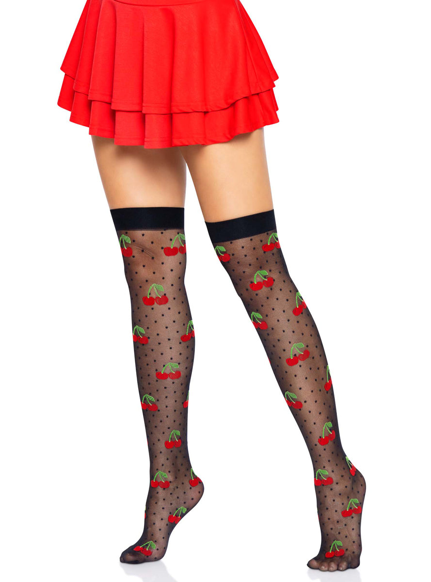 Womens Black Sheer Spandex Cherry Pattern Thigh High Stockings Side Image