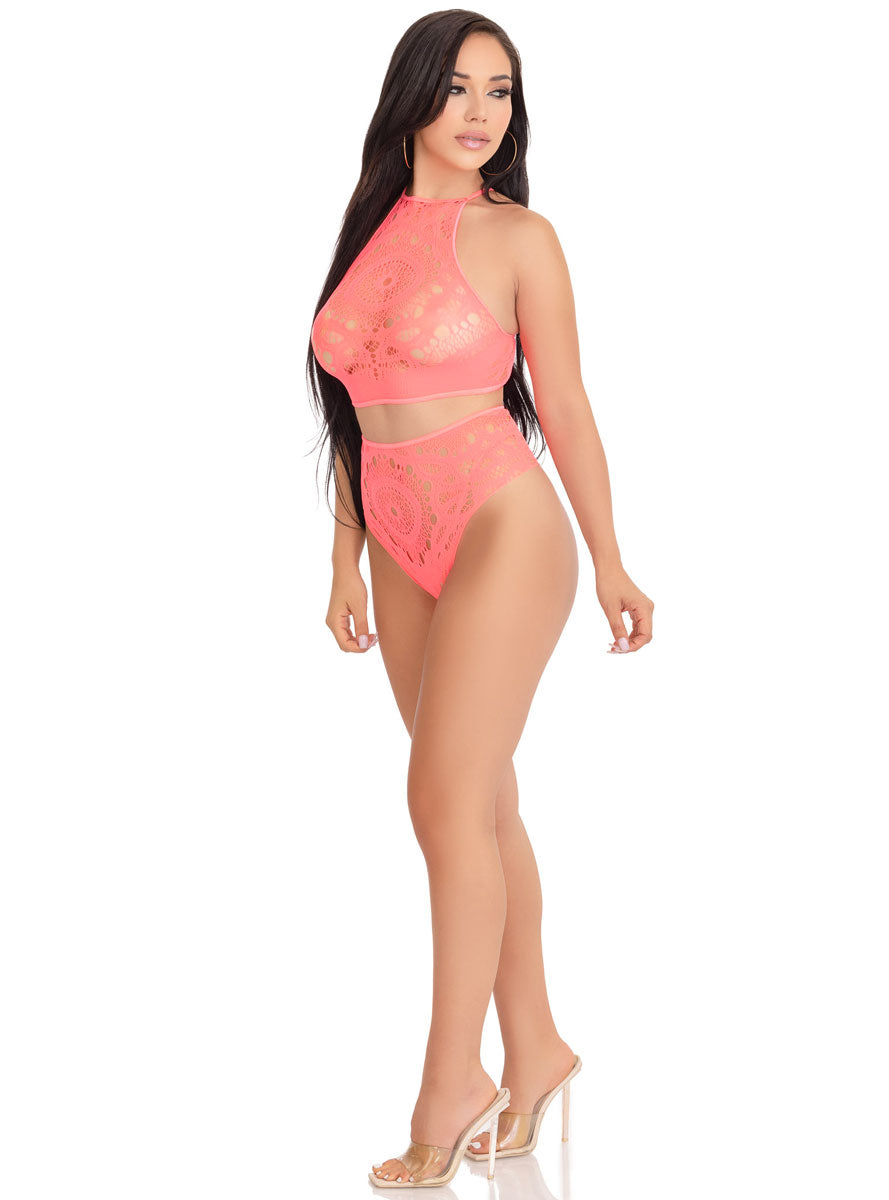 Crochet Coral Lace Halter Crop Festival Set
