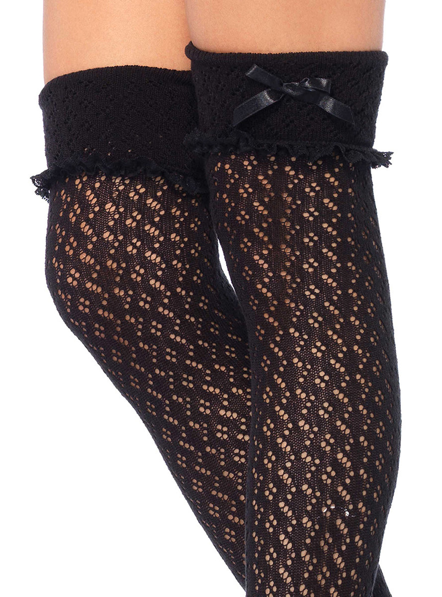 Womens Black Crochet Over The Knee Socks With Turn Over Cuff Close Image