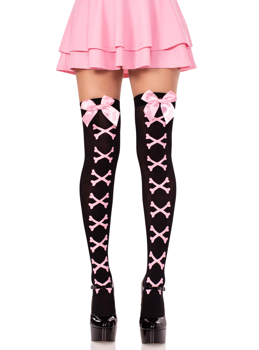 Womens Pink And Black Cross Bone Pirate Costume Stockings Alternative Image