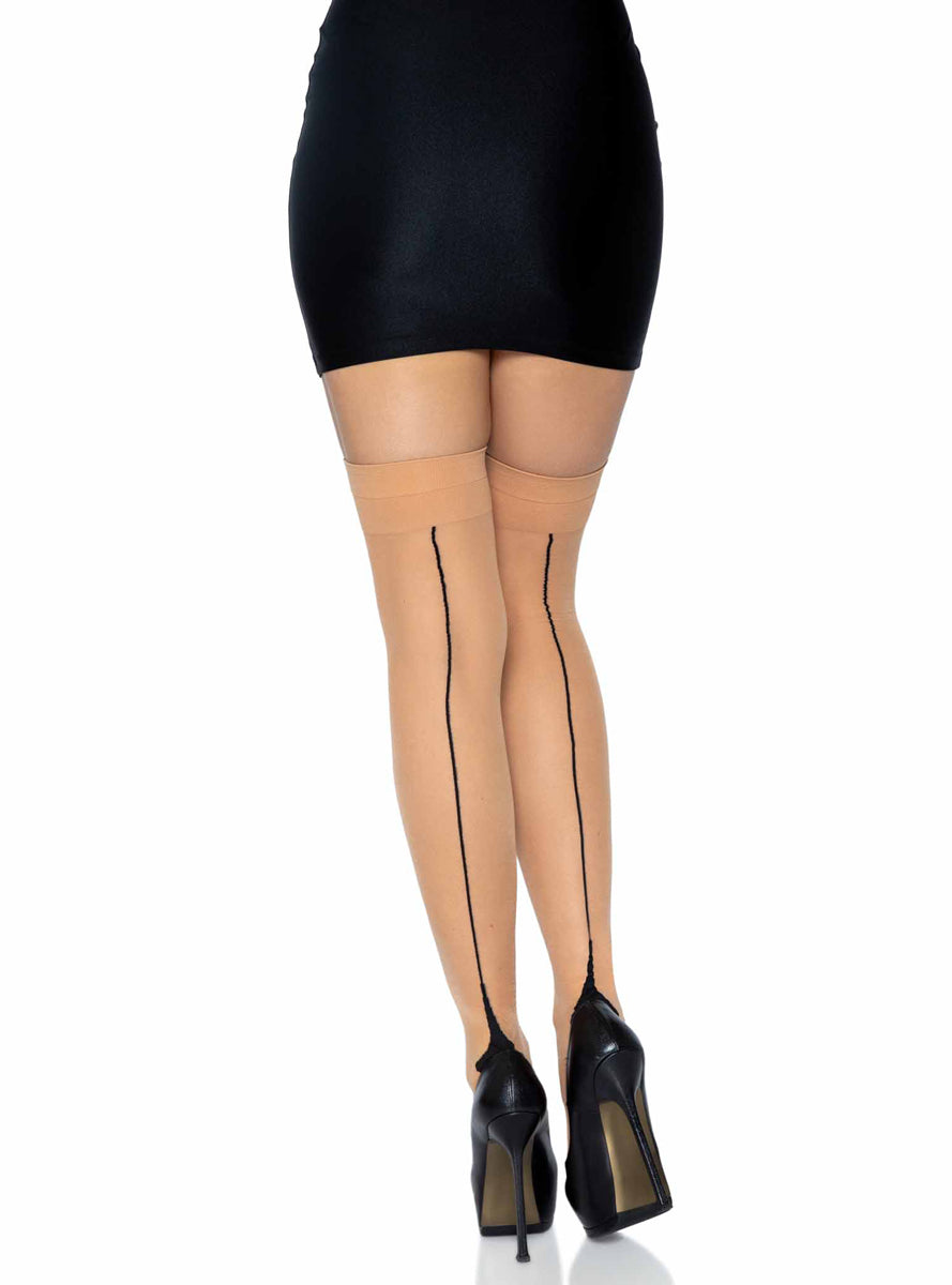 Womens Nude Colored Sheer Cuban Heel Thigh Highs With Backseam Main Image