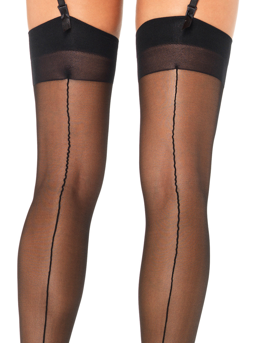 Womens Sheer Black Cuban Heel Thigh Highs With Backseam Close Image
