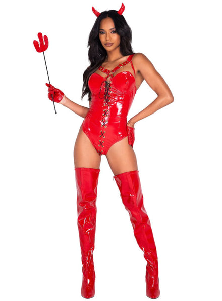 Devilicious Womens Sexy Red Vinyl Halloween Bodysuit Costume - Main Image
