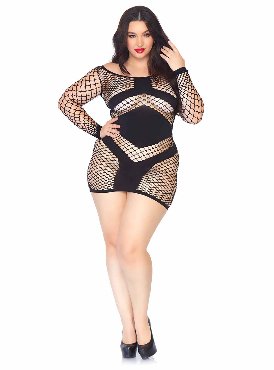 Black Diamond Net Long Sleeved Mini Dress With Opaque Panels Plus Size Womens Main Image