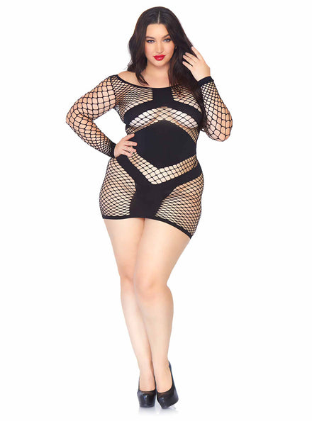 Black Diamond Net Long Sleeved Mini Dress With Opaque Panels Plus Size Womens Main Image