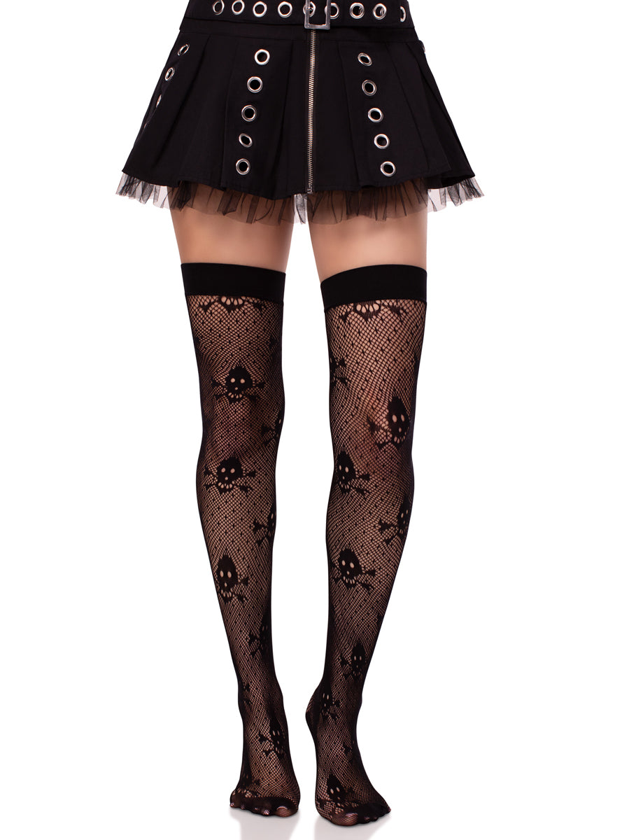Womens Black Dotted Skull Net Thigh High Costume Stockings Alternative Image