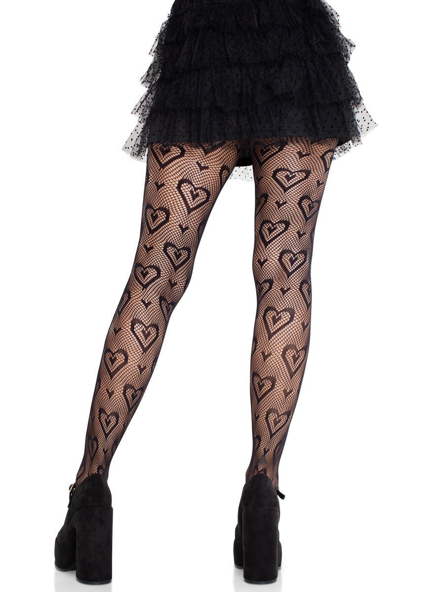 Womens Black Double Heart Net Full Length Stockings Back Image