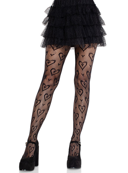 Womens Black Double Heart Net Full Length Stockings Main Image