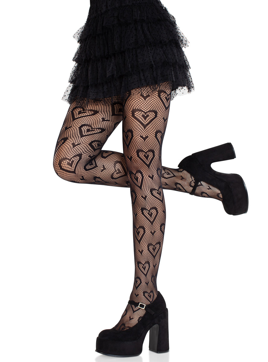Womens Black Double Heart Net Full Length Stockings Side Image