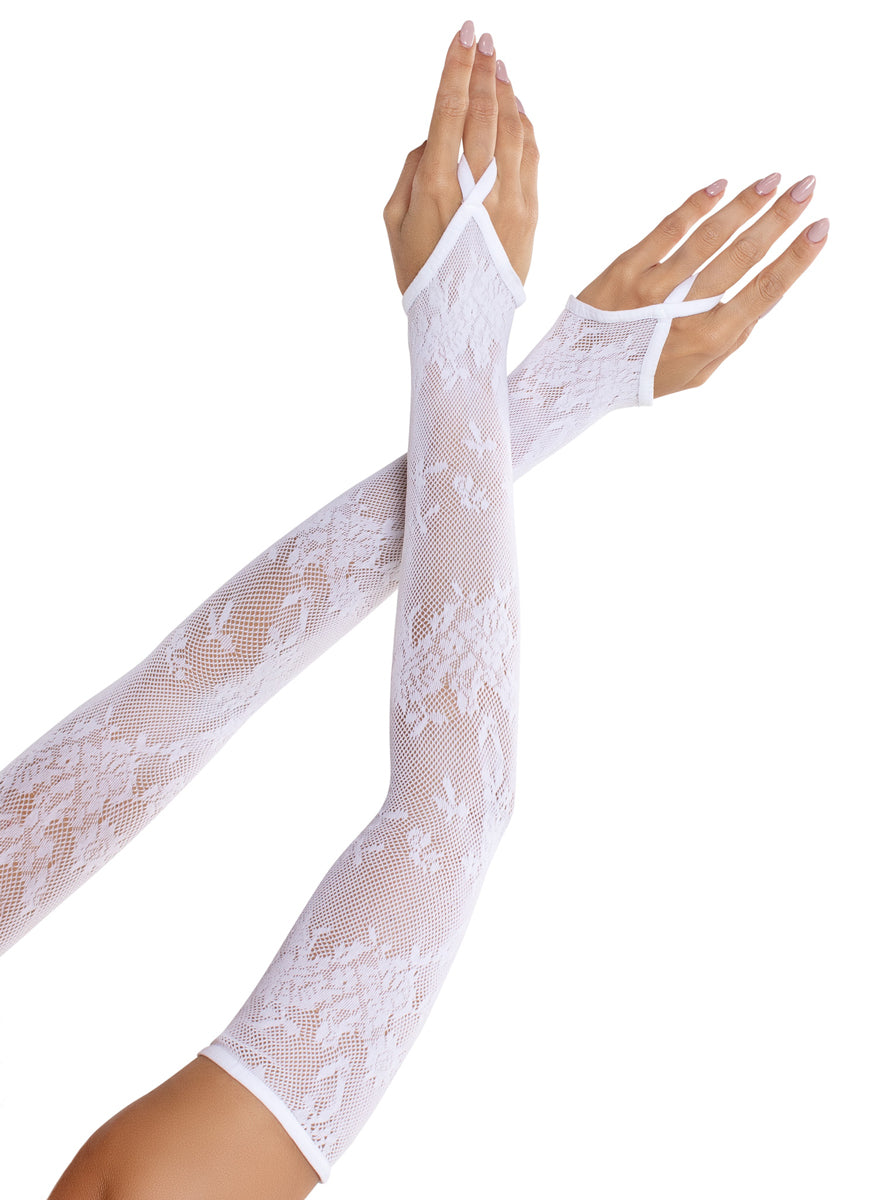 Extra Long White Floral Net Arm Warmers