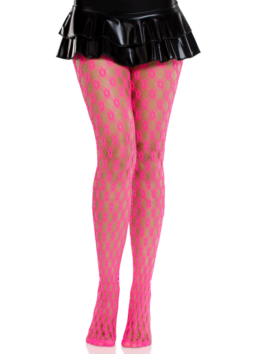 Womens Neon Pink Eyelet Net Full Length Stockings Alternative Image