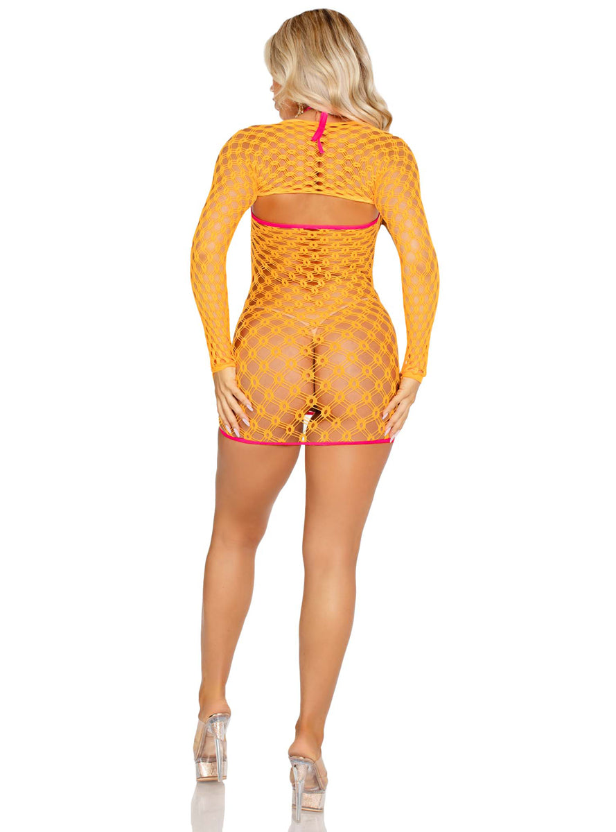 Eyelet Net Neon Orange Sexy Mini Dress with Shrug