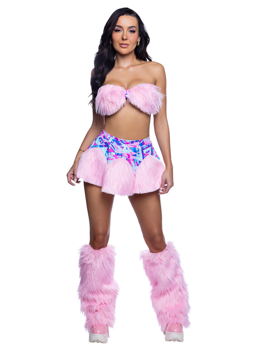 Pastel Pop Fluffy Pink Rave Bandeau and Skirt Set