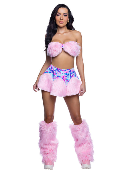 Pastel Pop Fluffy Pink Rave Bandeau and Skirt Set