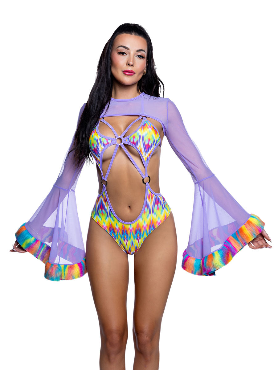 Sheer Lavender Mesh Shrug with Rainbow Faux Fur