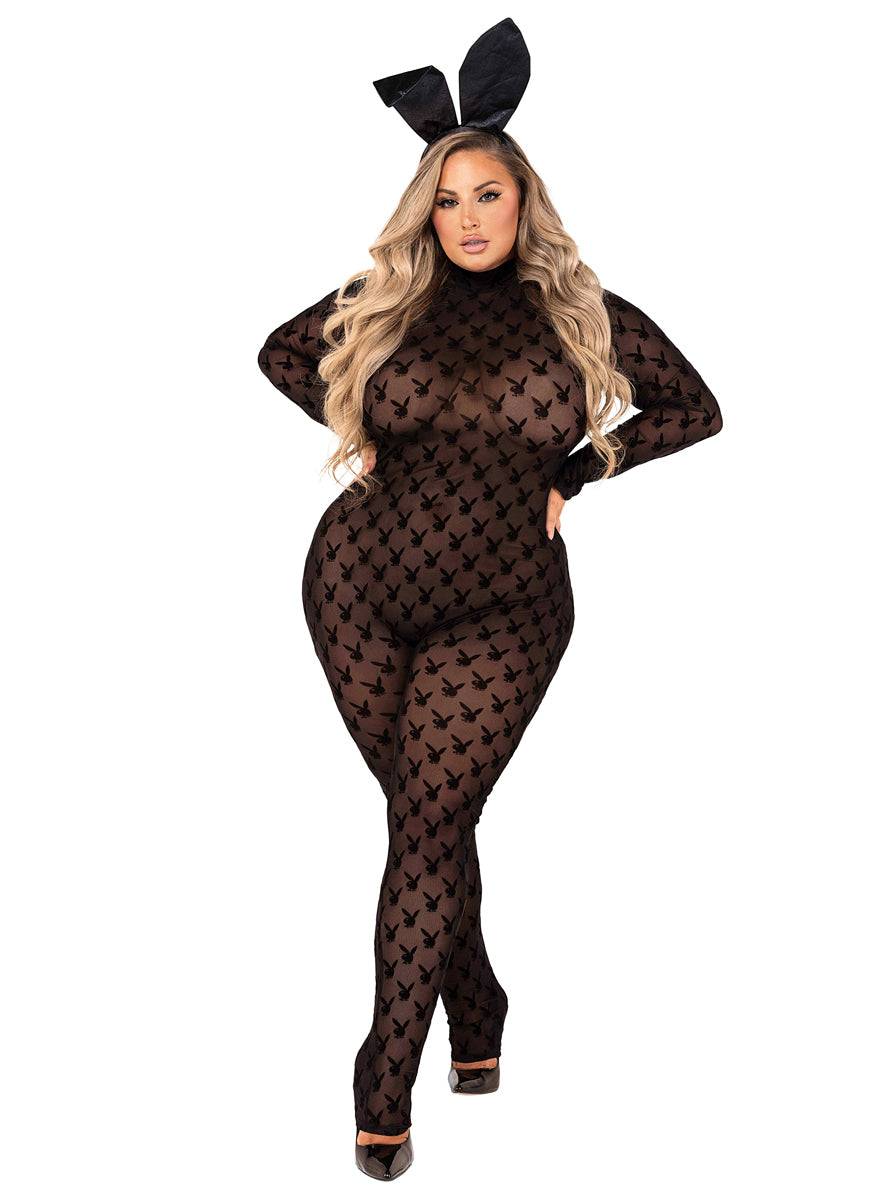 Flocked Playboy Bunny Plus Size Womens Sexy Black Sheer Jumpsuit - Main Image