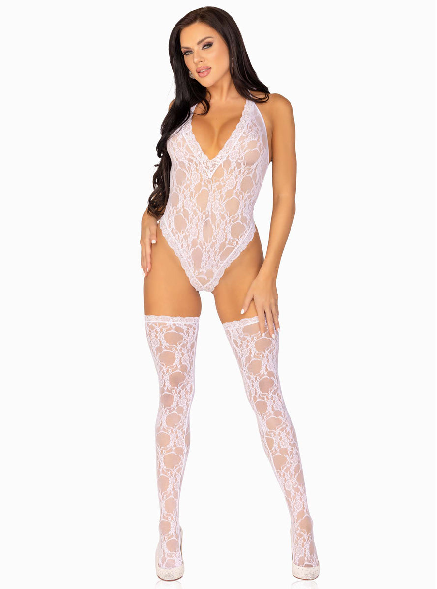 Floral White Lace Sexy Bodysuit and Stockings Set