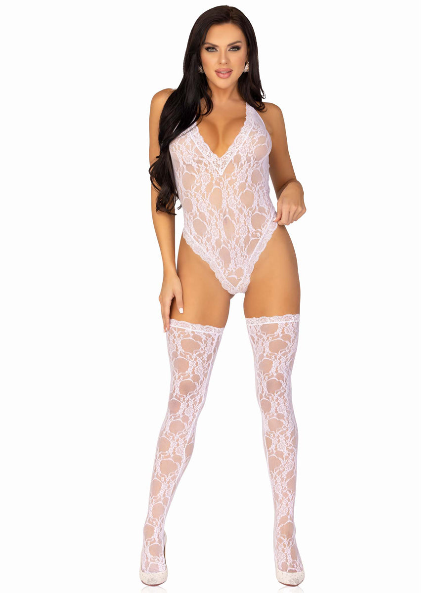 Floral White Lace Sexy Bodysuit and Stockings Set